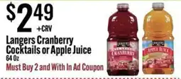 Jons International Langers cranberry cocktails or apple juice offer