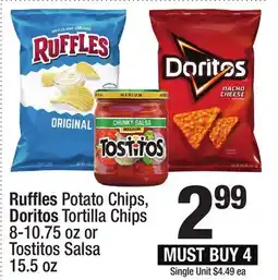 Super King Markets Ruffles Potato Chips, Doritos Tortilla Chips 8-10.75 oz or Tostitos Salsa 15.5 oz offer