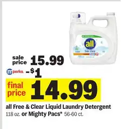 Meijer all Free & Clear Liquid Laundry Detergent or Mighty Pacs offer