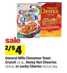 Meijer General Mills Cinnamon Toast Crunch 12 oz., Honey Nut Cheerios 10.8 oz. or Lucky Charms 10.5 oz. box offer