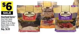 Dollar General Heartland Farms dog treats sweet potato & chicken wraps or wavy bacon strips or jerky sticks offer