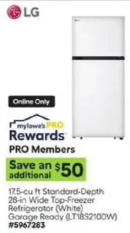 Lowe's LG 17.5-cu ft standard-depth 28-in wide top-freezer refrigerator (white) offer