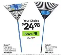 Lowe's Kobalt fiberglass handle 24-tine steel leaf rake or kobalt 30-in anti-clog fiberglass leaf rake offer