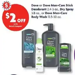 Family Dollar Dove or Dove Men+Care Stick Deodorant, Dry Spray, or Dove Men+Care Body Wash offer