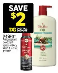 Dollar General Old Spice Antiperspirant Deodorant Spray or Body Wash offer
