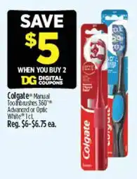 Dollar General Colgate Manual Toothbrushes 360 Advanced or Optic White offer