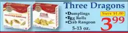 Market Basket Three Dragons Dumplings, Egg Rolls, Crab Rangoon offer