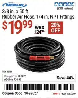 Harbor Freight Tools Merlin rubber air hose 1/4 in. NPT Fittings offer