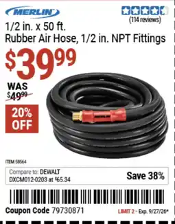 Harbor Freight Tools Merlin rubber air hose 1/2 in. NPT Fittings offer