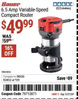 Harbor Freight Tools Bauer 6.5 Amp Variable-Speed Compact Router offer