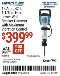 Harbor Freight Tools Hercules 15 amp 42 lb 1-1 8 in hex lower wall breaker hammer with maximum vibration control offer