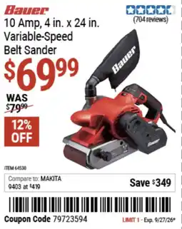Harbor Freight Tools 10 Amp, 4 in. x 24 in. Bauer variable-speed belt sander offer