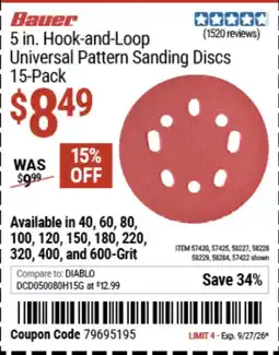 Harbor Freight Tools Bauer 5 in. Hook-and-Loop Universal Pattern Sanding Discs 15 Pack offer