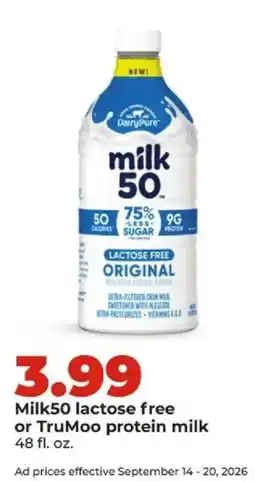 Hy-Vee Milk50 lactose free or TruMoo protein milk offer