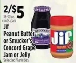 Pioneer Supermarkets Jif Peanut Butter or Smucker's Concord Grape Jam or Jelly offer