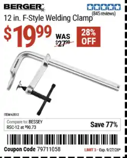 Harbor Freight Tools Berger 12 in. F-Style Welding Clamp offer