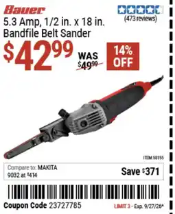 Harbor Freight Tools 5.3 amp, 1/2 in. x 18 in. Bauer bandfile belt sander offer
