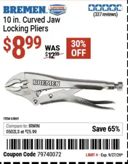 Harbor Freight Tools Bremen 10 in. Curved Jaw Locking Pliers offer