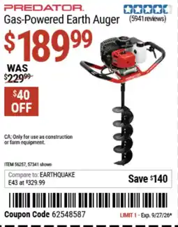 Harbor Freight Tools Predator gas-powered earth auger offer