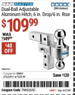 Harbor Freight Tools Haulmaster dual-ball adjustable aluminum hitch offer