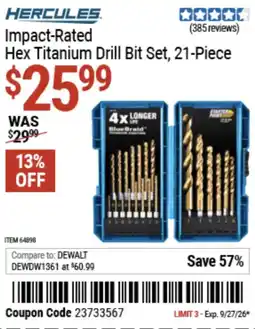 Harbor Freight Tools Hercules impact-rated hex titanium drill bit set offer
