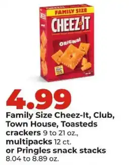 Hy-Vee Family Size Cheez-It, Club, Town House, Toasteds crackers or Pringles snack stacks offer