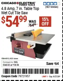 Harbor Freight Tools 4.8 amp, 7 in. table top wet cut tile saw offer