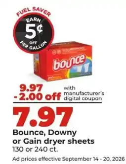 Hy-Vee Bounce, Downy or Gain dryer sheets offer