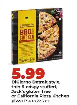 Hy-Vee DiGiorno Detroit style, thin & crispy stuffed, Jack's gluten free or California Pizza Kitchen pizza offer