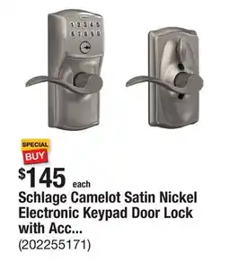 The Home Depot Schlage Camelot Satin Nickel Electronic Keypad Door Lock with Accent Handle and Flex Lock offer