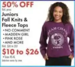 Boscov's Juniors Fall Knits & Fleece Tops offer