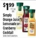 Pioneer Supermarkets Simply Orange Juice, Lemonade or Cranberry Cocktail offer