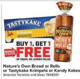 Giant Food Nature's Own Bread or Rolls or Tastykake Krimpets or Kandy Kakes offer