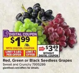Giant Food Red, Green or Black Seedless Grapes offer