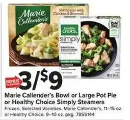 Giant Food Marie Callender's Bowl or Large Pot Pie or Healthy Choice Simply Steamers offer
