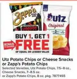 Giant Food Utz Potato Chips or Cheese Snacks or Zapp's Potato Chips offer