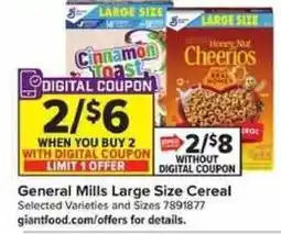 Giant Food General Mills Large Size Cereal offer