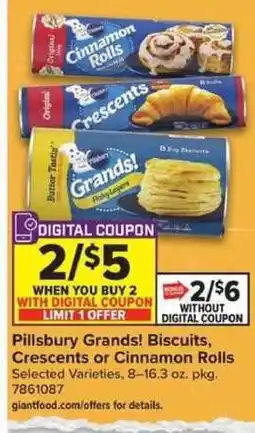 Giant Food Pillsbury Grands! Biscuits, Crescents or Cinnamon Rolls offer