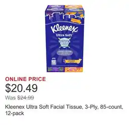 Costco Kleenex Ultra Soft Facial Tissue, 3-Ply, 85-count, 12-pack offer