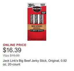 Costco Jack Link's Big Beef Jerky Stick, Original, 0.92 oz, 20-count offer