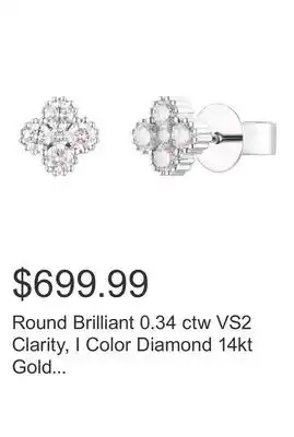 Costco Round Brilliant 0.34 ctw VS2 Clarity, I Color Diamond 14kt Gold Earrings offer