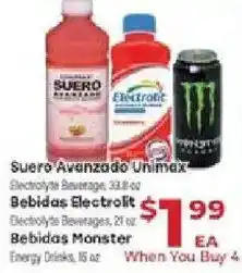 Supermercado El Rancho Suero Avanzado Unimax, Bebidas Electrolit, Bebidas Monster offer