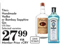 Pavilions Tito's Handmade Vodka or Bombay Sapphire Gin offer
