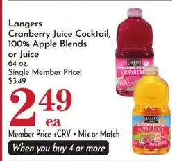 Pavilions Langers Cranberry Juice Cocktail, 100% Apple Blends or Juice offer