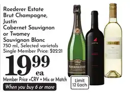 Pavilions Roederer Estate Brut Champagne, Justin Cabernet Sauvignon or Twomey Sauvignon Blanc offer