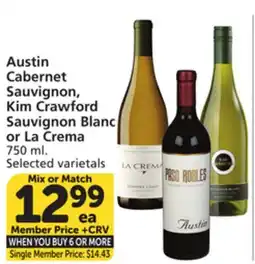 Albertsons Austin Cabernet Sauvignon, Kim Crawford Sauvignon Blanc or La Crema offer