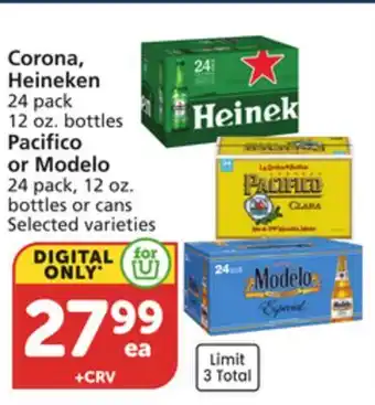 Vons Corona, Heineken 24 pack 12 oz. bottles Pacifico or Modelo 24 pack, 12 oz. bottles or cans offer