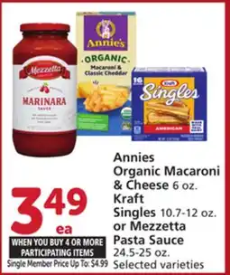 Vons Annies Organic Macaroni & Cheese 6 oz. Kraft Singles 10.7-12 oz. or Mezzetta Pasta Sauce 24.5-25 oz offer