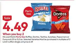 Stater Bros Party Size Ruffles, Doritos, Tostitos, Sunchips, Popcorners or Funyuns offer