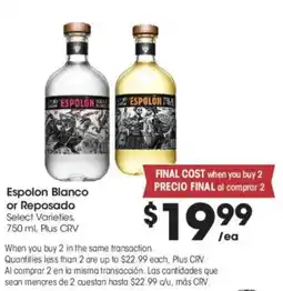Food 4 Less Espolon Blanco or Reposado offer